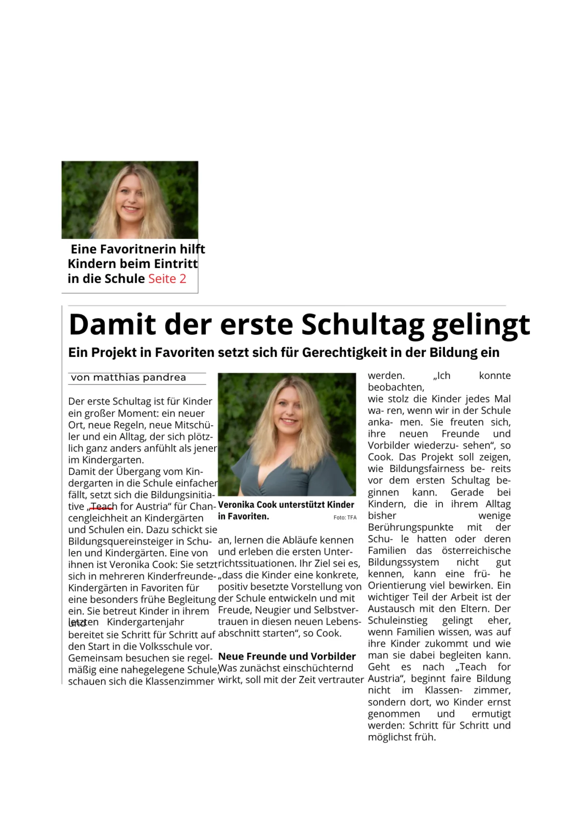 Porträt einer Person neben Zeitungsausschnitt mit Überschrift "Damit der erste Schultag gelingt" über Bildungsgerechtigkeit.