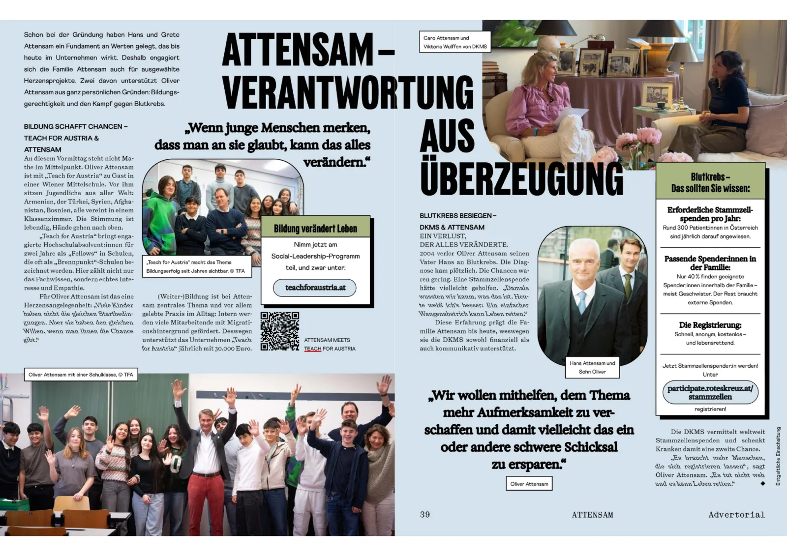 Magazin-Doppelseite über Attensam-Verantwortung; große Überschrift, Gruppenfoto von Mitarbeitenden, zwei Frauen im Gespräch im Wohnzimmer.