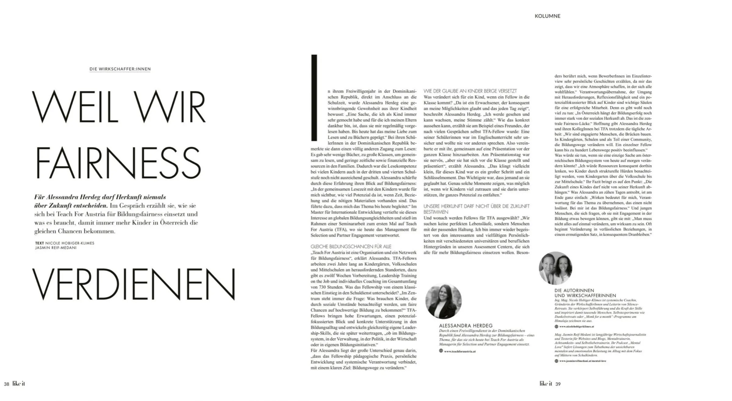 Zweiseitiges Magazinlayout mit Überschrift WEIL WIR FAIRNESS VERDIENEN; rechte Seite mit Spaltentext, vertikalem Trennstrich und Porträtfotos.