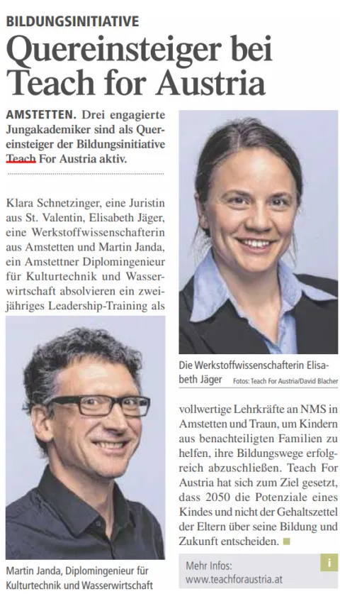 Drei Quereinsteiger absolvieren zweijähriges Leadership-Training bei Teach For Austria; Porträts von Elisabeth Jäger und Martin Janda.