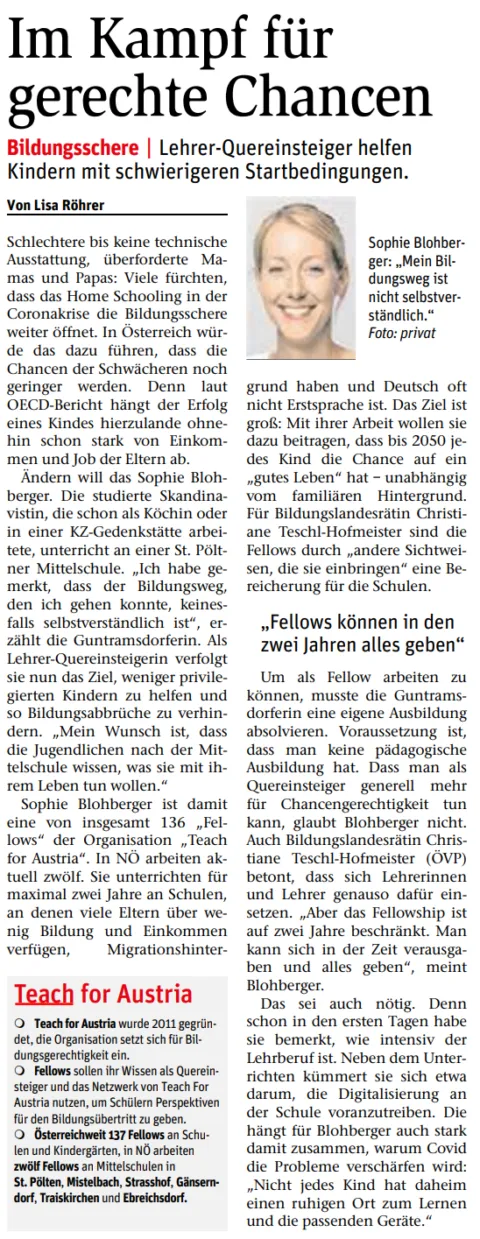 Zeitungsartikel mit Titel Im Kampf für gerechte Chancen; Porträt einer Frau; Text über Bildungsschere und Lehrer-Quereinsteiger helfen Kindern.