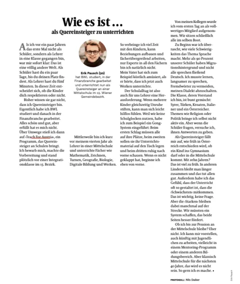 Porträt von Erik Pausch (30) neben Magazinartikel über Quereinsteiger im Unterricht; Layout mit drei Spalten, Titel Wie es ist.
