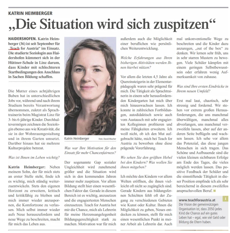 Porträt von Katrin Heimberger in einer Zeitung mit Überschrift "Die Situation wird sich zuspitzen".