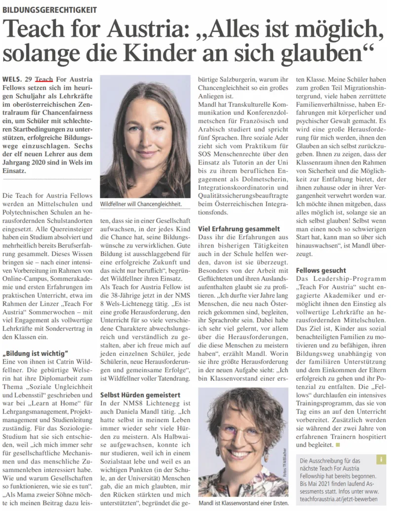 Zeitungsartikel über Teach for Austria; Porträt einer jungen Frau in der Mitte und Porträt einer älteren Frau unten rechts.