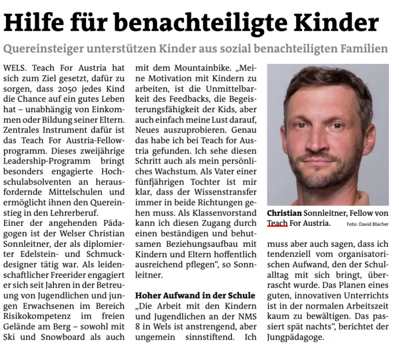 Zeitungsartikel mit Titel: Hilfe für benachteiligte Kinder; rechts Porträt einer Person.