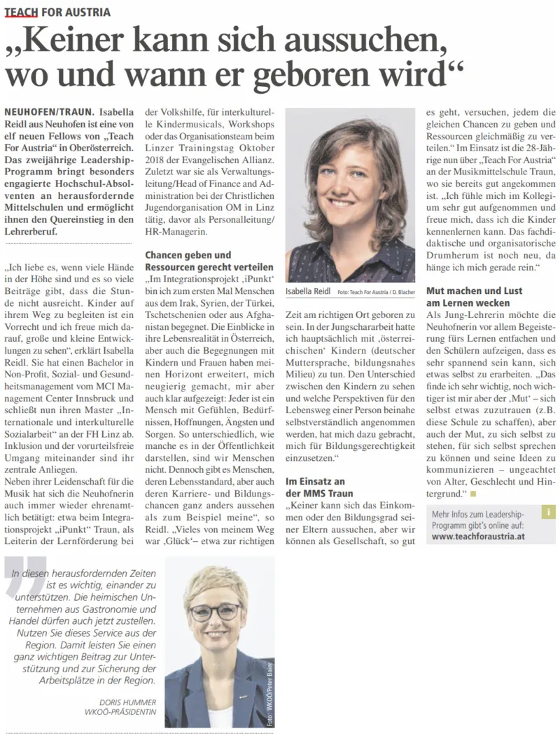 Zeitungsartikel über Teach For Austria; Porträts von Isabella Reidl und Doris Hummer; Titel: Keiner kann sich aussuchen, wo und wann er geboren wird.