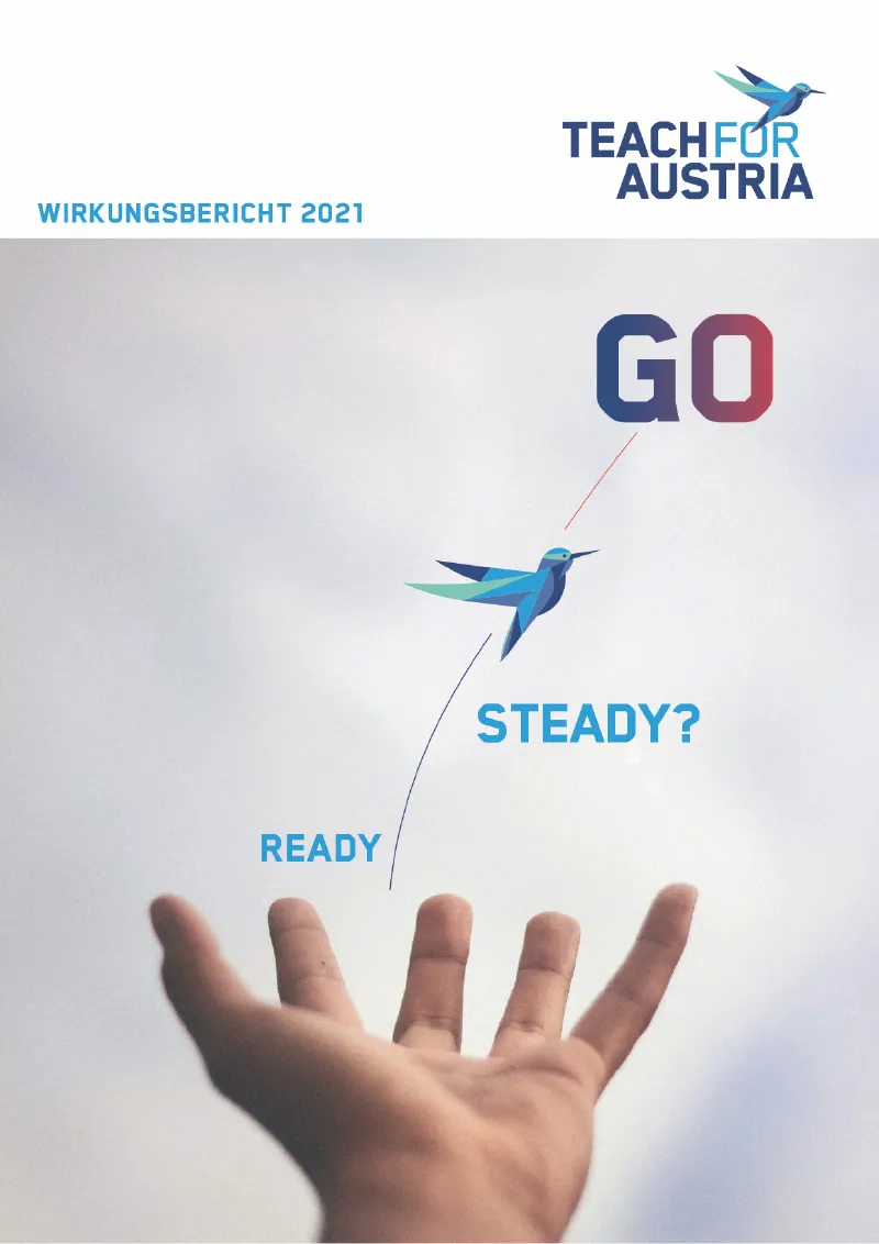 Eine Hand ragt nach oben, ein stilisierter blau-grüner Kolibri fliegt, daneben die Wörter GO, STEADY? und READY; heller Himmel im Hintergrund.
