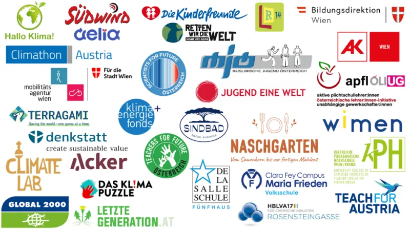 Collage aus Logos von Klima-, Bildungs- und Jugendorganisationen auf weißem Hintergrund.