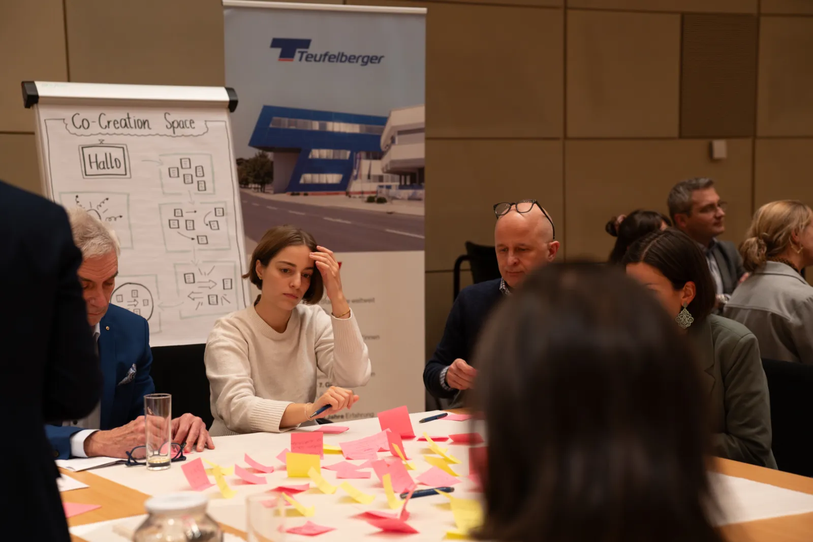 Teilnehmergruppe sitzt an einem runden Konferenztisch, brainstormt mit bunten Post-its; Flipchart und Banner im Hintergrund.