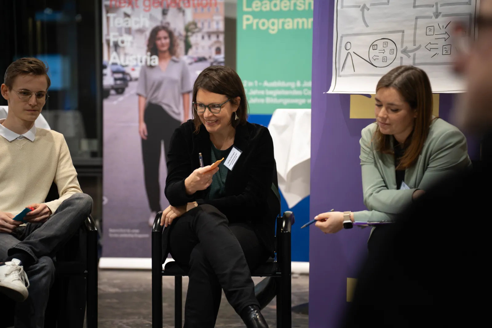 Drei Personen in Konferenzraum-Szene; zentrale Person mit Brille gestikuliert, rechts eine Person mit Stift, links Person hält blauen Gegenstand.