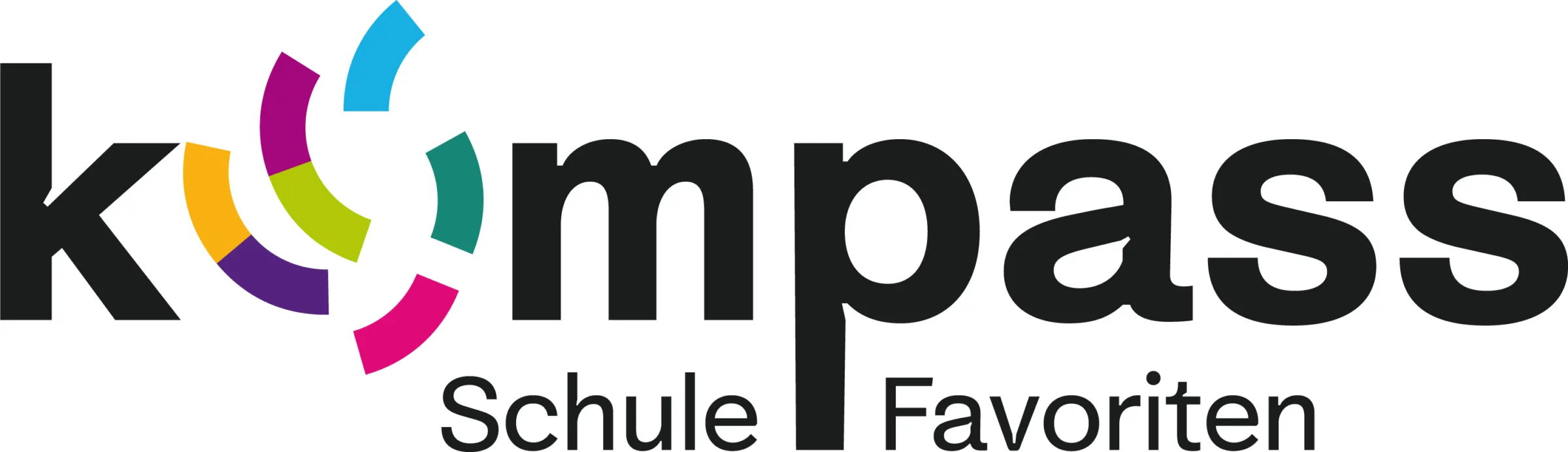 Logo der Kompass Schule Favoriten mit farbigem Kreismotiv und dem Schriftzug "Schule Favoriten".