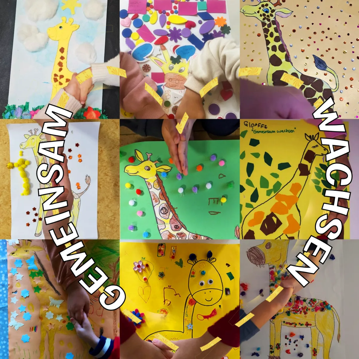 Neunteilige Collage von Giraffen-Bastelarbeiten; Kinderhände kleben bunte Pompons/Punkte; Schriftzug 'Gemeinsam wachsen' sichtbar.
